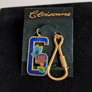 Vintage Cloisonne Enameled Letter G  Sea Gems Keychain Blue with Gold Tone Butte